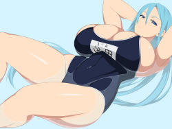 Rule 34 | 1girl, armpits, arms up, blue background, blue eyes, blue hair, breasts, bursting breasts, cleavage, competition school swimsuit, covered navel, curvy, hidarikiki, highres, huge breasts, long hair, looking at viewer, lying, matching hair/eyes, on back, one-piece swimsuit, original, school swimsuit, simple background, skindentation, solo, swimsuit, thighs, very long hair, wide hips