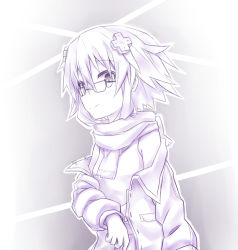 Rule 34 | 1girl, bespectacled, cyan aeolin, d-pad, glasses, hair ornament, highres, looking at viewer, monochrome, neptune (neptunia), neptune (series), scarf, smile, solo