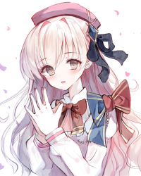 Rule 34 | 1girl, :d, absurdres, arcaea, black bow, blush, bow, brown eyes, collared shirt, commentary request, hair between eyes, hair bow, hair ornament, hands up, highres, hikari (arcaea), hikari (fracture) (arcaea), long sleeves, looking at viewer, open mouth, own hands together, petals, pink hair, puffy long sleeves, puffy sleeves, red bow, shirt, smile, solo, tandohark, upper body, white shirt