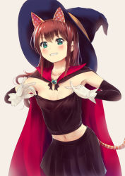 Rule 34 | 1girl, animal ears, armpits, bare shoulders, black cape, black gloves, black skirt, blue hat, blush, breasts, brooch, brown hair, cape, cat ears, cat tail, clothes pull, collarbone, commentary request, cowboy shot, culter, elbow gloves, fake animal ears, fake tail, gloves, grey background, grin, hair between eyes, hat, heart, heart print, highres, jewelry, long hair, looking at viewer, midriff, navel, original, red cape, sidelocks, simple background, skirt, small breasts, smile, solo, standing, stomach, strapless, tail, tube top, tube top pull, v-shaped eyebrows, white gloves, witch hat
