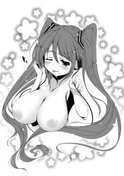 Rule 34 | 1girl, alternate breast size, breasts, bus, cheriina, greyscale, hatsune miku, headphones, highres, huge breasts, long hair, monochrome, motor vehicle, nipples, nude, one eye closed, solo, tongue, twintails, vehicle, vocaloid, wink