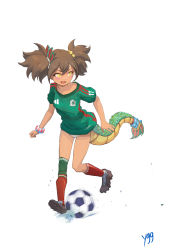 Rule 34 | 1girl, 2022 fifa world cup, adidas, ball, dark-skinned female, dark skin, dark skin, hair ornament, highres, jewelry, mexico, open mouth, panties, personification, quetzalcoatl (mythology), simple background, smile, soccer, soccer ball, soccer uniform, solo, sportswear, twintails, underwear, uniform, world cup, wristband, yellow eyes, yugen99
