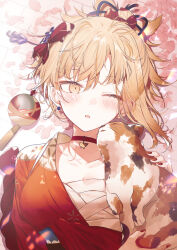 1girl :3 animal asymmetrical_hair blonde_hair blush bow butterfly_choker cat chest_sarashi collarbone crossed_bangs genshin_impact hair_bow holding holding_animal holding_cat japanese_clothes kazutake_hazano kimono looking_at_animal one_eye_closed open_clothes open_kimono orange_kimono parted_lips red_nails rope sarashi shimenawa single_sidelock solo wind_chime yoimiya_(genshin_impact)