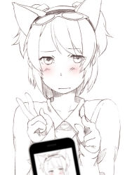 Rule 34 | 1girl, animal ears, blurry, blush, camera phone, cellphone, depth of field, eyewear on head, looking at viewer, majima yuki, monochrome, phone, short twintails, simple background, solo, spot color, traditional media, twintails, v, white background