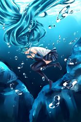 Rule 34 | 1girl, aqua hair, bad id, bad pixiv id, bubble, detached sleeves, closed eyes, hatsune miku, highres, long hair, necktie, open mouth, solo, submerged, takamatsu (yamajiai), thighhighs, twintails, underwater, very long hair, vocaloid, yamajiai