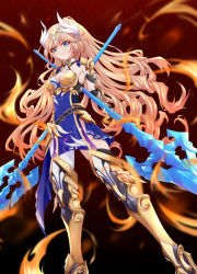 Rule 34 | 1girl, antenna hair, bare shoulders, bianka durandal ataegina, bianka durandal ataegina (dea anchora), blonde hair, blue eyes, breasts, dual wielding, fire, full body, gloves, hair between eyes, hair ornament, highres, holding, holding polearm, holding spear, holding weapon, honkai (series), honkai impact 3rd, long hair, looking at viewer, miying (13975192760), polearm, ponytail, sideboob, solo, spear, weapon