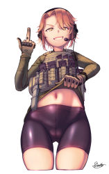 Rule 34 | 1girl, absurdres, bayonet, bike shorts, clothes lift, dragoncastle, gloves, headset, highres, lifting own clothes, load bearing vest, looking at viewer, magazine (weapon), middle finger, navel, orange hair, original, pantylines, sheath, sheathed, shirt lift, short hair, smirk, solo, weapon, white background