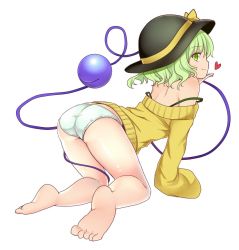 Rule 34 | 1girl, all fours, ass, bare legs, bare shoulders, barefoot, black hat, blush, bow, closed mouth, eyeball, from side, full body, green eyes, green hair, hat, hat bow, heart, komeiji koishi, long sleeves, looking at viewer, looking to the side, no pants, off shoulder, panties, profile, rimu (kingyo origin), sleeves past wrists, smile, solo, strap slip, sweater, third eye, touhou, underwear, white background, white panties, yellow bow