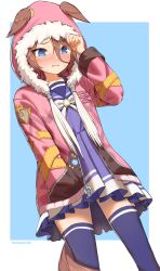 Rule 34 | 1girl, @ @, animal ears, banpunsik, blue eyes, blush, bow, bowtie, brown hair, commentary, ears down, ears through headwear, embarrassed, feet out of frame, furrowed brow, hair between eyes, hand in pocket, highres, hood, hood up, hooded jacket, horse ears, horse girl, horse tail, jacket, long sleeves, looking down, narita taishin (umamusume), open clothes, open jacket, pink jacket, purple shirt, purple skirt, purple thighhighs, sailor collar, school uniform, shirt, short hair, skirt, solo, standing, sweat, nervous sweating, tail, thighhighs, tracen school uniform, umamusume