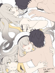 Rule 34 | 1boy, 1girl, bare shoulders, black hair, breast sucking, breasts, dress, fate/grand order, fate (series), fujimaru ritsuka (male), grabbing another&#039;s breast, gradient hair, grey hair, grin, groping, hat, hetero, long hair, looking at viewer, marie antoinette (alter) (fate), marie antoinette (alter) (first ascension) (fate), marie antoinette (fate), medium breasts, multicolored hair, multiple views, open mouth, shiseki hirame, short dress, short hair, sidelocks, smile, thighs, two side up, white dress, white hat, yellow eyes