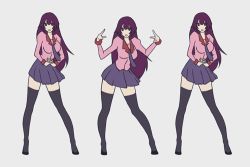 Rule 34 | 3girls, :d, animated, animated gif, arms up, bakemonogatari, black necktie, blazer, blouse, bouncing breasts, breasts, contrapposto, dancing, full body, grey background, jacket, kuso otoko, large breasts, legs apart, long hair, long sleeves, lowres, me!me!me!, monogatari (series), multiple girls, multiple persona, necktie, open mouth, parody, pink jacket, pink shirt, pleated skirt, pointing, pointing at self, purple hair, purple skirt, senjougahara hitagi, shirt, simple background, skirt, smile, standing, thighhighs, v arms, very long hair, zettai ryouiki