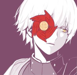 Rule 34 | 1boy, asuka r. kreutz, closed mouth, colored eyelashes, spiked halo, eyepatch, guilty gear, guilty gear strive, halo, highres, looking to the side, male focus, short hair, simple background, tb (spr1110), upper body, white hair, yellow eyes
