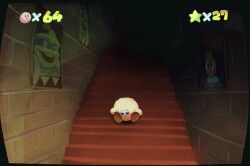 Rule 34 | adeleine, blue eyes, blush, blush stickers, closed mouth, dark, gameplay mechanics, hallway, highres, indoors, king dedede, kirby, kirby (series), mario (series), nintendo, no humans, picture frame, sitting, sitting on stairs, smile, solo, stairs, star (symbol), super mario 64, suyasuyabi