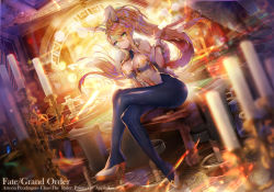 Rule 34 | 1girl, ahoge, animal ears, apple caramel, arch, artoria pendragon (all), artoria pendragon (fate), artoria pendragon (lancer) (fate), artoria pendragon (swimsuit ruler) (fate), blonde hair, blue necktie, blue pantyhose, bow, braid, breasts, candle, card, casino, ceiling, character name, cleavage, copyright name, crossed legs, dutch angle, fake animal ears, fate/grand order, fate (series), fishnet pantyhose, fishnets, full body, gloves, green eyes, hair between eyes, hair bow, high ponytail, highres, indoors, large breasts, leotard, long hair, necktie, pantyhose, playboy bunny, ponytail, rabbit ears, roulette table, sitting, smile, solo, table, very long hair, white gloves