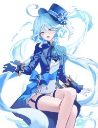 Rule 34 | 1girl, ahoge, ascot, asymmetrical gloves, black gloves, blue ascot, blue brooch, blue eyes, blue hair, blue hat, blue jacket, blush, chabi, crossed legs, furina (genshin impact), genshin impact, gloves, hair between eyes, hat, highres, jacket, legs, looking at viewer, mismatched gloves, multicolored hair, open mouth, sidelocks, simple background, sitting, smile, solo, streaked hair, teeth, top hat, two-tone hair, unfinished, upper teeth only, water, white background, white gloves