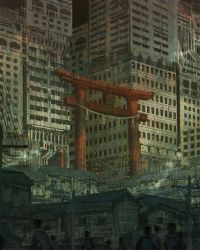 Rule 34 | 6+others, building, city, commentary, crowd, dilapidated, faceless, hayapi (sinsin08051), highres, industrial pipe, multiple others, original, outdoors, power lines, rope, scenery, shimenawa, skyscraper, torii, urban, utility pole