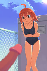 Rule 34 | 1girl, ahoge, blue one-piece swimsuit, censored, clothed female nude male, crossed arms, dark penis, erection, interracial, leaning forward, mosaic censoring, nora higuma, nude, one-piece swimsuit, penis, penis awe, red hair, rooftop, school roof, school swimsuit, short hair, solo focus, staring, swimsuit, thigh gap, thighs, wet