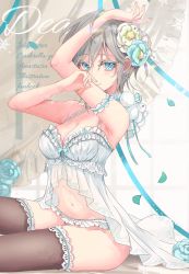 Rule 34 | 1girl, anastasia (idolmaster), armband, armpits, arms up, bare arms, black thighhighs, blue eyes, blue flower, blue ribbon, breasts, character name, choker, cleavage, earrings, flower, frill trim, frilled panties, frills, grey hair, hair between eyes, hair flower, hair ornament, highres, idolmaster, idolmaster cinderella girls, jewelry, lace, lace-trimmed legwear, lace trim, lingerie, medium breasts, navel, negligee, panties, petals, ribbon, ribbon trim, rum raisin (chihiromakita19), short hair, sitting, smile, solo, thighhighs, underwear, yellow flower