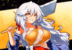 Rule 34 | 1girl, :d, arm at side, bad id, bad pixiv id, bow, breasts, cleaver, detached sleeves, fang, fingernails, floating hair, grey hair, hair between eyes, hand up, holding, large breasts, long hair, looking at viewer, multicolored clothes, nata (tool), no bra, open mouth, over shoulder, qqqrinkappp, sakata nemuno, single strap, skin fang, smile, solo, stomach, touhou, traditional media, upper body, very long hair, wind