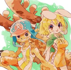 Rule 34 | 1boy, 1girl, alternate form, animal ears, antlers, blonde hair, blush, bow, bowtie, brown eyes, cape, carrot (one piece), commentary request, cross, cross-laced clothes, cross-laced dress, dress, green background, green cape, hat, highres, horns, looking at viewer, one piece, orange dress, rabbit ears, rabbit girl, simple background, smile, tokuura, tony tony chopper, twitter username