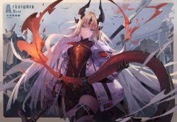 Rule 34 | 1girl, arknights, artist name, black gloves, black shirt, black shorts, blonde hair, blue eyes, building, character name, chinese commentary, commentary request, copyright name, cottan, cowboy shot, dragon girl, dragon horns, dragon tail, ear piercing, fire, flame-tipped tail, gloves, hair ornament, holding tail, horns, infection monitor (arknights), jacket, long hair, long tail, looking at viewer, open clothes, open jacket, piercing, power lines, reed (arknights), ruins, shirt, shorts, sky, solo, tail, tail strap, utility pole, very long hair, weapon, weapon on back, white jacket