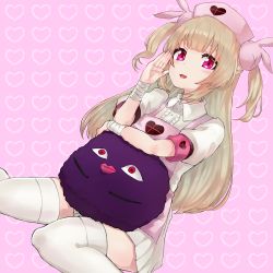 Rule 34 | 1girl, apron, armband, bandaged arm, bandages, center frills, fang, frills, hair ornament, hat, heart, heart background, highres, light brown hair, long hair, looking at viewer, natori sana, nurse cap, nuwon, pink apron, pink background, pink eyes, pink hat, pleated skirt, puffy short sleeves, puffy sleeves, rabbit hair ornament, sana channel, short sleeves, skirt, solo, thighhighs, two side up, virtual youtuber, white skirt, white thighhighs