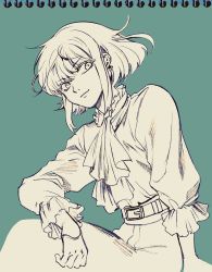 Rule 34 | 1boy, androgynous, ascot, bae (baebae), frilled shirt, frills, graphite (medium), highres, lio fotia, male focus, mixed media, monochrome, promare, shirt, short hair with long locks, sitting, smile, solo, traditional media