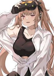 Rule 34 | :3, adjusting eyewear, black gloves, black ribbon, black skirt, black sports bra, breasts, brown hair, collarbone, commentary, english commentary, fingerless gloves, girls&#039; frontline, gloves, hair ribbon, head-mounted display, highres, large breasts, long hair, looking at viewer, mod3 (girls&#039; frontline), mutugorou u, off shoulder, parted lips, partially unbuttoned, red eyes, ribbon, scar, scar across eye, scar on face, shirt, simple background, skirt, smile, solo, sports bra, twintails, ump9 (girls&#039; frontline), ump9 (mod3) (girls&#039; frontline), upper body, white background, white shirt