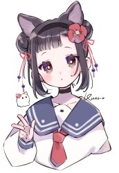 Rule 34 | 1girl, animal ears, artist name, black hair, blue sailor collar, brown eyes, cat ears, choker, collarbone, collared shirt, double bun, hair bun, hair ribbon, hand up, highres, jikuno, looking at viewer, necktie, open mouth, original, red necktie, red ribbon, ribbon, sailor collar, shirt, short hair, simple background, solo, v, white background