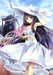 Rule 34 | 1girl, absurdres, bare shoulders, blush, day, dress, flower, hagiwara rin, hand on headwear, hat, highres, lace, lace-trimmed dress, lace trim, long hair, looking at viewer, original, purple eyes, purple hair, scan, sky, smile, solo, sparkle, standing, sun hat, sundress, very long hair, white dress, windmill