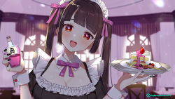 Rule 34 | 1girl, apron, black hair, blush, breasts, cake, cake slice, character request, food, fork, head tilt, heart, heart-shaped pupils, indie virtual youtuber, looking at viewer, maid, maid apron, maid headdress, mohemohemincho, poison, red eyes, smile, solo, symbol-shaped pupils, twintails, virtual youtuber, yandere