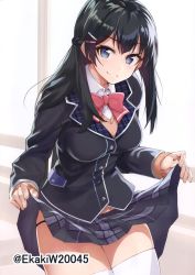 Rule 34 | 1girl, absurdres, black hair, black jacket, black skirt, blue eyes, bow, bowtie, breasts, clothes lift, cowboy shot, dress shirt, hair ornament, highres, jacket, karory, lifting own clothes, long hair, long sleeves, looking at viewer, medium breasts, miniskirt, nijisanji, pleated skirt, red bow, red bowtie, school uniform, shirt, skirt, skirt lift, smile, solo, standing, sweater, thighhighs, tsukino mito, tsukino mito (1st costume), twitter username, virtual youtuber, white shirt, white thighhighs, zettai ryouiki