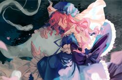 Rule 34 | 1girl, back bow, blue headwear, blue kimono, bow, closed eyes, closed mouth, commentary request, cowboy shot, expressionless, frilled sleeves, frills, from side, hat, highres, hitodama, hug, japanese clothes, kimono, long hair, long sleeves, mob cap, pink hair, pink petals, purple bow, saigyouji yuyuko, solo, touhou, triangular headpiece, white veil, wide sleeves, xian qishui
