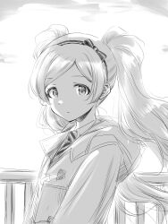 Rule 34 | 1girl, coat, collared shirt, dot nose, emily stewart, expressionless, eyelashes, flat chest, greyscale, hairband, highres, idolmaster, idolmaster million live!, looking at viewer, matcha kingyo, monochrome, necktie, parted bangs, parted lips, ribbon, shirt, solo, tagme, trench coat, twintails, upper body