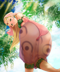 Rule 34 | 1girl, arabian clothes, ass, bare shoulders, blonde hair, blush, breasts, cameltoe, day, dororon, from behind, from below, green eyes, hair ornament, hairclip, huge ass, leaning, leaning forward, legs, long hair, looking at viewer, nintendo, panties, pants, parted lips, pointy ears, princess zelda, see-through, shiny skin, solo, the legend of zelda, the legend of zelda: breath of the wild, thighs, tree, underwear, veil, very long hair
