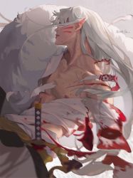 Rule 34 | 1boy, amputee, armor, bare shoulders, blood, blood on clothes, collarbone, covered eyes, cowboy shot, cuts, facial mark, floating hair, from side, fur, grey background, hair over one eye, highres, injury, inuyasha, japanese clothes, kimono, long hair, long sleeves, male focus, mmmilk, motion blur, nipples, off shoulder, parted lips, pointy ears, profile, sesshoumaru, sidelocks, silver hair, solo, sword, torn clothes, torn kimono, torn sleeves, very long hair, weapon, yellow eyes