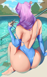 Rule 34 | 1girl, araneesama, ass, bare shoulders, barefoot, blue one-piece swimsuit, claw (weapon), cone hair bun, detached sleeves, evelynn (league of legends), hair bun, highres, huge ass, k/da (league of legends), league of legends, long hair, one-piece swimsuit, purple hair, solo, swimsuit, thighs, water, weapon, wide hips