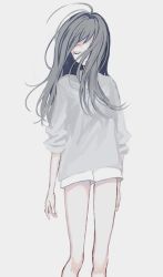 Rule 34 | 1girl, ahoge, bad id, bad twitter id, closed mouth, covered eyes, closed eyes, floating hair, grey background, grey sweater, hair over eyes, highres, long hair, long sleeves, original, p2 (uxjzz), shorts, simple background, solo, standing, sweater, white shorts
