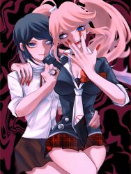 Rule 34 | 2girls, arm around shoulder, arm around waist, bear hair ornament, black background, black bra, black hair, black shirt, black skirt, blonde hair, blue eyes, bra, breasts, brown skirt, choker, cleavage, closed mouth, collarbone, danganronpa: trigger happy havoc, danganronpa (series), enoshima junko, female focus, hair ornament, hand on another&#039;s, hand on another&#039;s hip, hand on another&#039;s shoulder, hand on own face, hand tattoo, highres, holding, holding person, ikusaba mukuro, incest, large breasts, looking at viewer, multicolored clothes, multicolored skirt, multiple girls, open mouth, parted bangs, plaid, plaid skirt, pleated skirt, red background, red skirt, shirt, short sleeves, siblings, simple background, sisters, skirt, smile, standing, tattoo, teeth, tongue, twincest, twins, twintails, underwear, white shirt, yuri