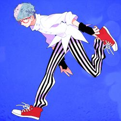 Rule 34 | 1boy, blue hair, converse, ghiaccio, glasses, gum (gmng), highres, jojo no kimyou na bouken, male focus, md5 mismatch, pants, red-framed eyewear, resolution mismatch, shoes, sneakers, solo, source smaller, striped clothes, striped pants, vertical-striped clothes, vertical-striped pants