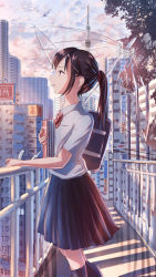 Rule 34 | 1girl, bag, black hair, book, building, city, cloud, cloudy sky, collared shirt, day, feet out of frame, highres, holding, holding book, kenzo 093, long hair, looking to the side, open mouth, original, ponytail, ribbon, scenery, school uniform, shirt, skirt, sky, solo, tree, yellow eyes