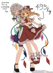 Rule 34 | &gt; &lt;, 2girls, absurdres, ascot, black eyes, black footwear, blonde hair, braid, carrying, closed eyes, commentary, english commentary, flandre scarlet, full body, grey hair, high heels, highres, izayoi sakuya, looking at viewer, maid, maid headdress, multiple girls, one side up, ougiikun, red footwear, red skirt, side braids, simple background, skirt, socks, touhou, twin braids, white background, white socks, wrist cuffs, yellow ascot