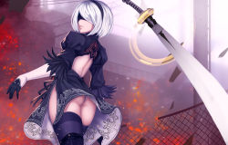 Rule 34 | 1girl, ass, back cutout, black dress, blindfold, cleavage cutout, clothing cutout, covered eyes, dress, feather-trimmed sleeves, highres, katana, leotard, long sleeves, looking back, nier (series), nier:automata, parted lips, short hair, silver hair, solo, sword, thighhighs, toniwing, weapon, white leotard, 2b (nier:automata)