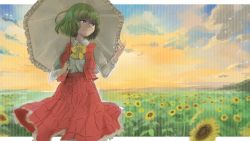 Rule 34 | 1girl, ascot, blue sky, blurry, blurry background, breasts, cloud, collared shirt, day, expressionless, flower, frilled skirt, frills, garden of the sun, gradient sky, green hair, hair between eyes, hand up, highres, horizon, inset, kazami yuuka, letterboxed, long sleeves, looking afar, looking to the side, medium breasts, no legs, open clothes, open vest, orange sky, parasol, plaid, plaid skirt, plaid vest, red eyes, red skirt, red vest, scenery, shirt, short hair, sketch, skirt, skirt set, sky, solo, sunflower, sunset, touhou, umbrella, unloli, vest, white shirt, yellow ascot, yellow sky