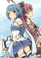 Rule 34 | 10s, 2girls, back-to-back, blue eyes, blue hair, cape, crossed arms, fortissimo, from side, hair ornament, hand on own hip, highres, kyuri, light smile, long hair, looking back, magical girl, mahou shoujo madoka magica, mahou shoujo madoka magica (anime), miki sayaka, multiple girls, musical note, musical note hair ornament, polearm, profile, red hair, sakura kyoko, short hair, sketch, sword, weapon