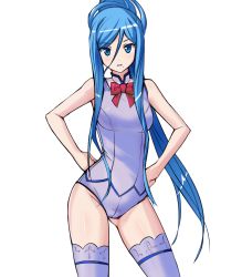 Rule 34 | 10s, 1girl, aegis (nerocc), aoki hagane no arpeggio, blue eyes, blue hair, blush, bow, breasts, contrapposto, crotch seam, hair between eyes, hands on own hips, long hair, looking at viewer, matching hair/eyes, mole, mole under mouth, parted lips, ponytail, shirt, short shorts, shorts, simple background, sleeveless, sleeveless shirt, solo, standing, takao (aoki hagane no arpeggio), thighhighs, very long hair, white background