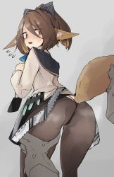 Rule 34 | 1girl, animal ears, arknights, ass, belt, black panties, black pantyhose, black skirt, blush, bow, brown eyes, brown hair, commentary, cowboy shot, diagonal-striped bow, disembodied hand, embarrassed, fox ears, fox tail, from behind, grey background, hair between eyes, hair bow, highres, looking back, medium hair, mikozin, miniskirt, official alternate costume, open mouth, panties, panties under pantyhose, pantyhose, partially visible vulva, perfumer (arknights), perfumer (species plantarum) (arknights), ponytail, sailor collar, shirt, simple background, skirt, solo focus, steaming body, striped, striped bow, sweatdrop, tail, tail grab, test tube, thigh grab, thong, underwear, wedgie, white shirt