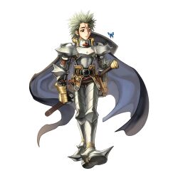 Rule 34 | 1boy, 2000s (style), armor, armored boots, belt, black belt, blue butterfly, blue cape, boots, breastplate, brown eyes, bug, butterfly, cape, cross, cross of prontera, expressionless, full body, gauntlets, green hair, highres, insect, leg armor, looking at animal, male focus, myung-jin lee, official art, paladin (ragnarok online), parted lips, pauldrons, ragnarok online, scabbard, scar, scar on face, sheath, shoulder armor, simple background, solo, spiked hair, standing, sword, tachi-e, transparent background, weapon
