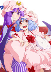 Rule 34 | 2girls, bat wings, blue hair, bow, bowtie, commentary request, couch, crescent, crescent hair ornament, dress, eichi yuu, frilled shirt collar, frills, hair bow, hair ornament, hand on another&#039;s head, hat, highres, long hair, long sleeves, looking at viewer, mob cap, multiple girls, open mouth, patchouli knowledge, pink dress, pink hat, pointy ears, puffy short sleeves, puffy sleeves, purple eyes, purple hair, red bow, red eyes, red neckwear, remilia scarlet, short hair, short sleeves, simple background, sitting, sitting on lap, sitting on person, smile, touhou, white background, wide sleeves, wings