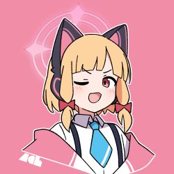 Rule 34 | 1girl, animal ear headphones, animal ears, blonde hair, blue archive, blush, bow, cat ear headphones, collared shirt, fake animal ears, hair bow, headphones, highres, looking at viewer, momoi (blue archive), nako775, off shoulder, open mouth, pink background, pink eyes, shirt, short hair, simple background, solo, suspenders, upper body, white shirt